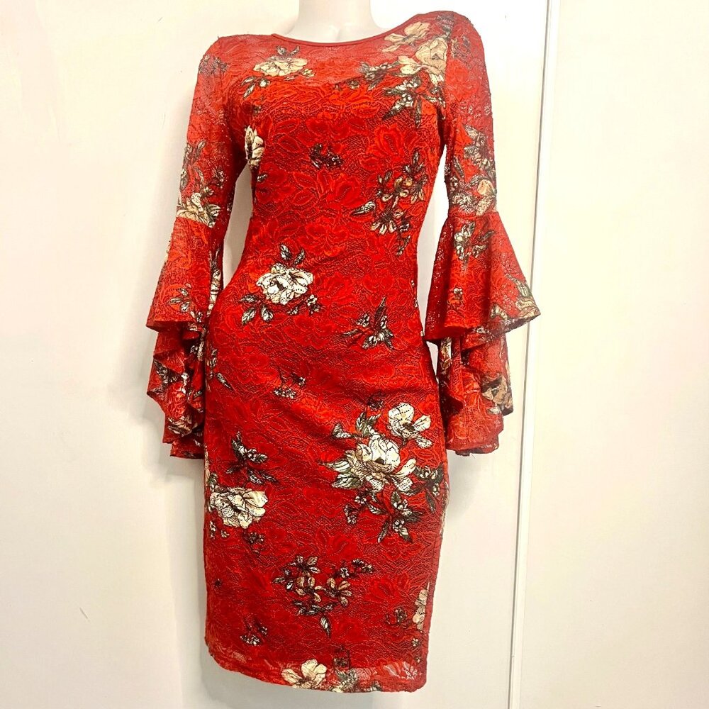 Vfshow Red Floral Lace Bodycon Dress Bell Sleeves Party Prom Dress Size Medium